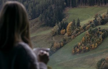 Frau blickt mit einer Tasse in der Hand auf die herbstlich gefärbten Wiesen und Wälder im Ahrntal